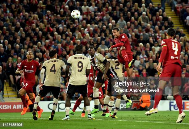 Joel Matip of Liverpool scoring the second goal making the score 2-1 during the UEFA Champions League group A match between Liverpool FC and AFC Ajax...