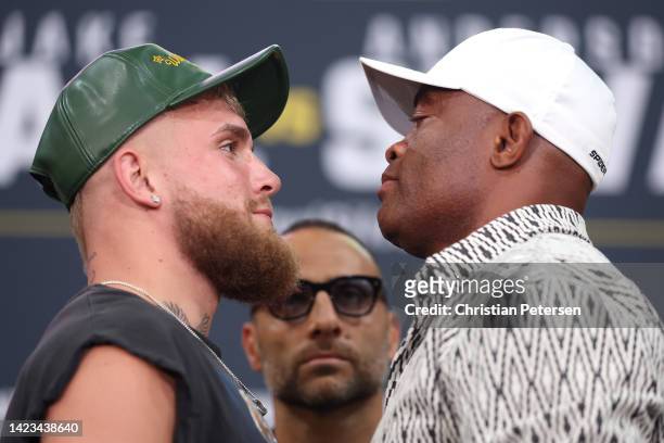Jake Paul and Anderson SIlva face off during a Jake Paul v Anderson Silva press conference at Gila River Arena on September 13, 2022 in Glendale,...