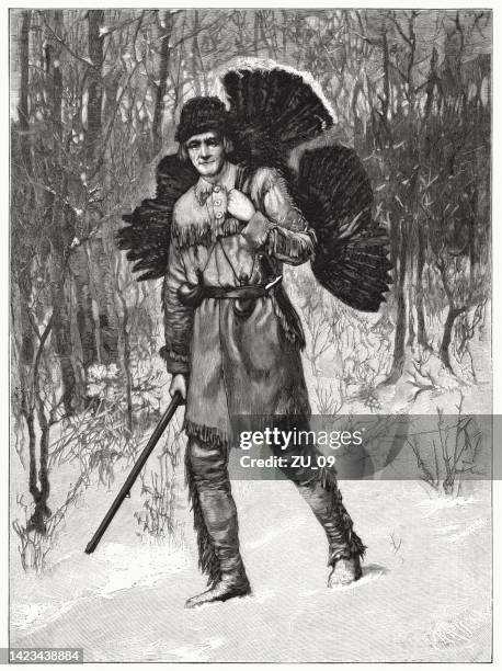 north american trapper, wood engraving, published in 1885 - turkey hunting 幅插畫檔、美工圖案、卡通及圖標