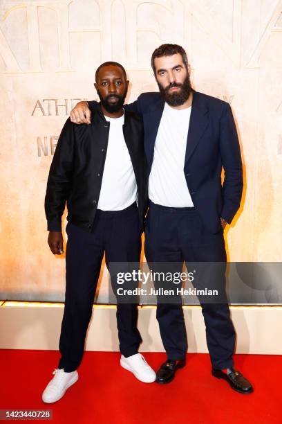 Ladj Ly and Romain Gavras attend the "Athena" photocall at Salle Pleyel on September 13, 2022 in Paris, France.