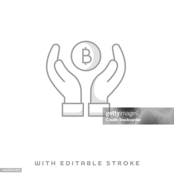 blockchain fundraising concept line icon with shadow. the vector illustration is outline style, pixel perfect, suitable for web and print with editable stroke. - crypto icon stock illustrations