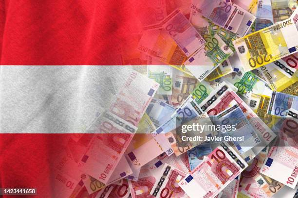 euro cash banknotes and austria flag - austria flag stock pictures, royalty-free photos & images