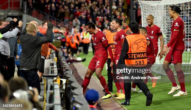 Joel Matip of Liverpool celebrates after scoring the second goal during the UEFA Champions League group A match between Liverpool FC and AFC Ajax at...