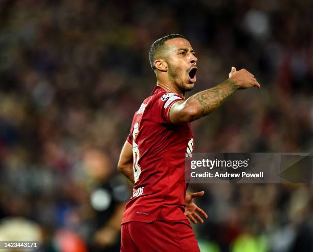 Thiago Alcantara of Liverpool during the UEFA Champions League group A match between Liverpool FC and AFC Ajax at Anfield on September 13, 2022 in...