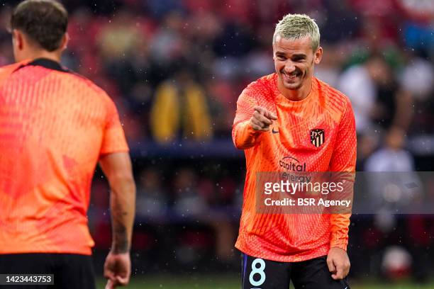Antoine Griezmann of Atletico Madrid laughing and pinting with finger during the UEFA Champions League - Group B match between Bayer 04 Leverkusen...