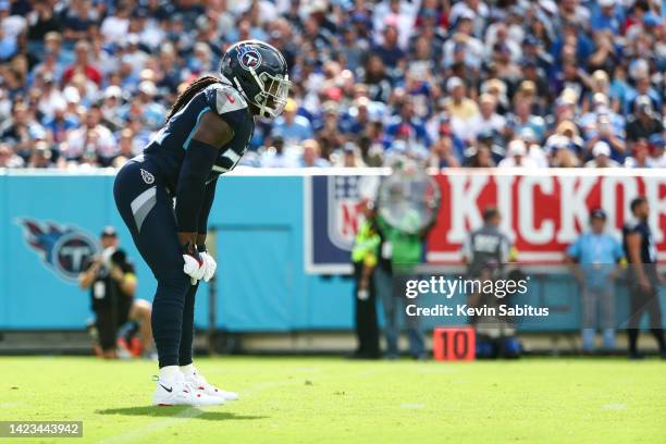 Derrick Henry of the Tennessee Titans lines up before a play during an NFL football game against the New York Giants at Nissan Stadium on September...