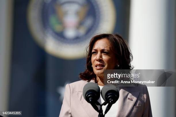 Vice President Kamala Harris gives remarks, alongside U.S President Joe Biden, at an event celebrating the passage of the Inflation Reduction Act on...