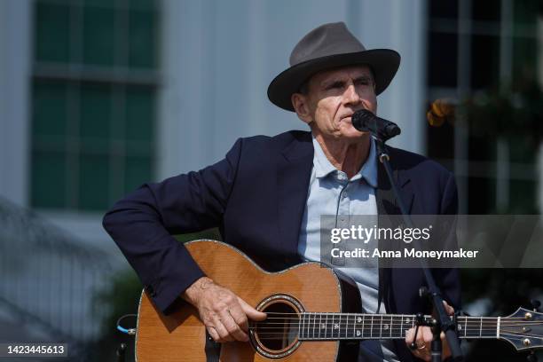 Singer-songwriter James Taylor performs at an event celebrating the passage of the Inflation Reduction Act on the South Lawn of the White House on...