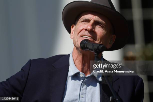 Singer-songwriter James Taylor performs at an event celebrating the passage of the Inflation Reduction Act on the South Lawn of the White House on...