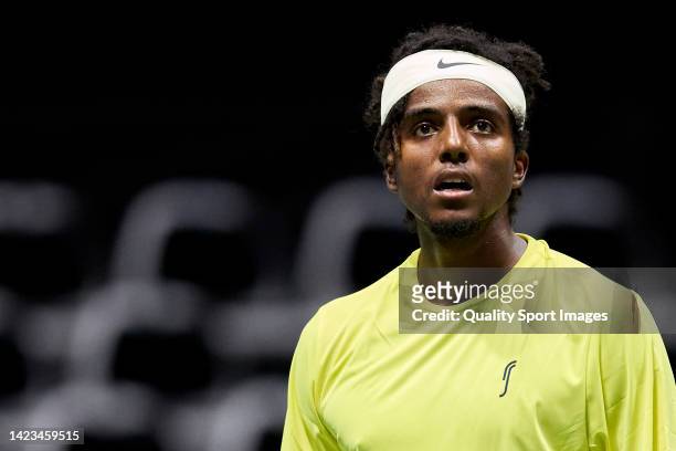 Elias Ymer of Sweden looks on during his match against Sebastian Baez of Argentina the Davis Cup Group Stage 2022 Bologna match between Argentina and...