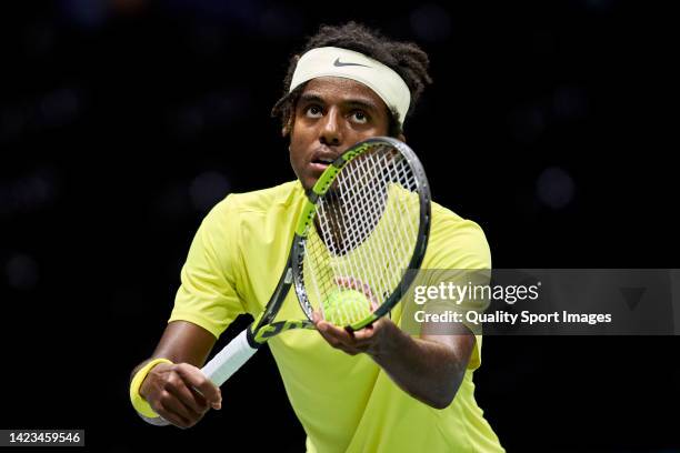 Elias Ymer of Sweden looks on during his match against Sebastian Baez of Argentina the Davis Cup Group Stage 2022 Bologna match between Argentina and...