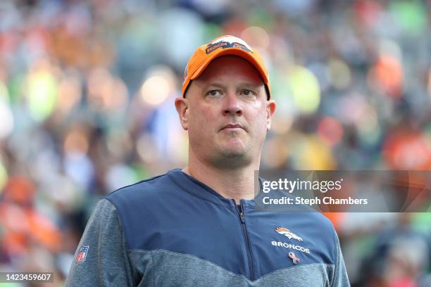 Head coach Nathaniel Hackett of the Denver Broncos looks on before the game against the Seattle Seahawks at Lumen Field on September 12, 2022 in...