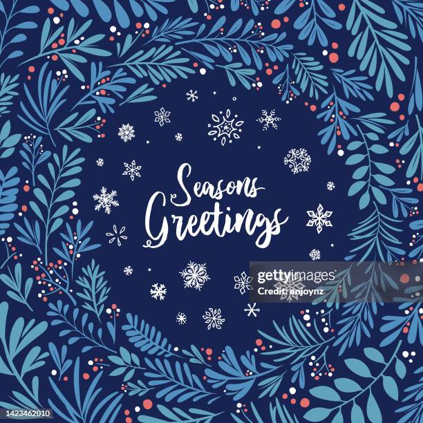 ilustrações de stock, clip art, desenhos animados e ícones de blue floral winter christmas circular frame design - galhinhos