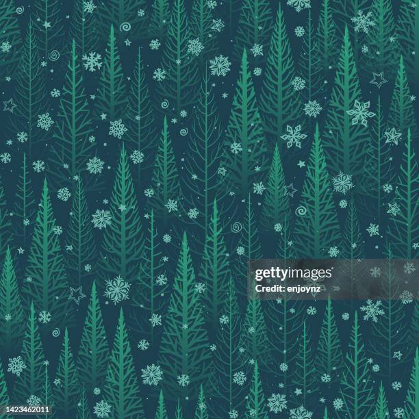 seamless green winter forest background - christmas snow stock illustrations