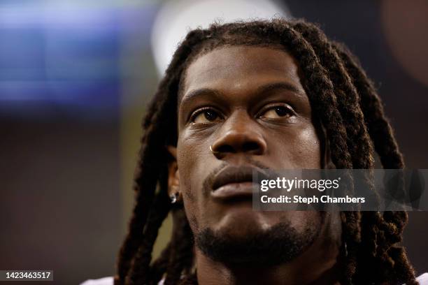 Randy Gregory of the Denver Broncos looks on during the fourth quarter against the Seattle Seahawks at Lumen Field on September 12, 2022 in Seattle,...