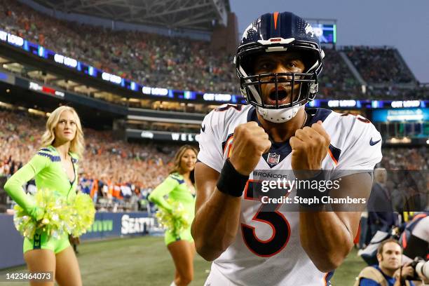 Russell Wilson of the Denver Broncos reacts during the fourth quarter against the Seattle Seahawks at Lumen Field on September 12, 2022 in Seattle,...