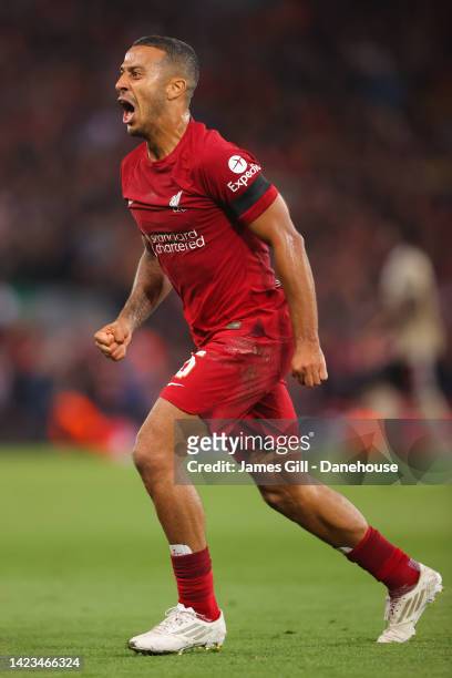 Thiago Alcantara of Liverpool celebrates during the UEFA Champions League group A match between Liverpool FC and AFC Ajax at Anfield on September 13,...