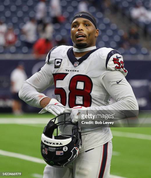 Houston Texans linebacker Christian Kirksey walks off the field after playing the Indianapolis Colts at NRG Stadium on September 11, 2022 in Houston,...