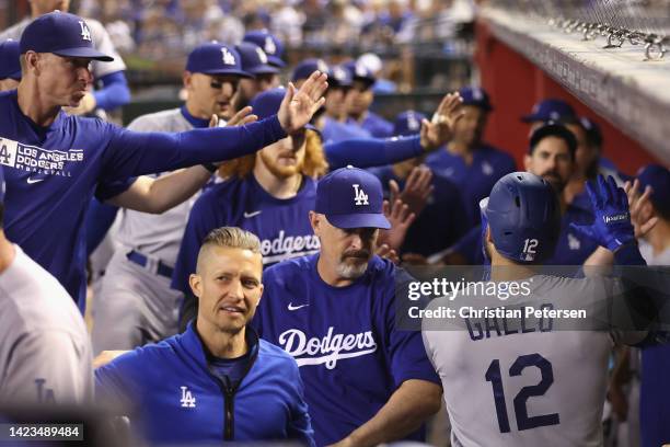 Joey Gallo of the Los Angeles Dodgers celebrates his two-run home run against the Arizona Diamondbacks during the second inning at Chase Field on...