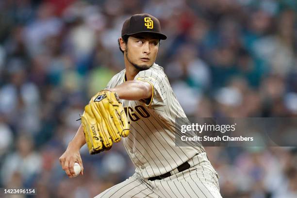 Yu Darvish of the San Diego Padres pitches during the second inning against the Seattle Mariners at T-Mobile Park on September 13, 2022 in Seattle,...