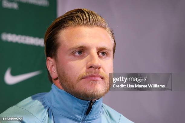 Player Jason Cummings speaks with the media during a Socceroos squad announcement and press conference at Dexus Place on September 14, 2022 in...