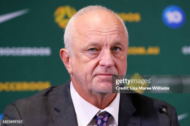 Graham Arnold speaks with the media during a Socceroos squad announcement and press conference at Dexus Place on September 14, 2022 in Sydney,...