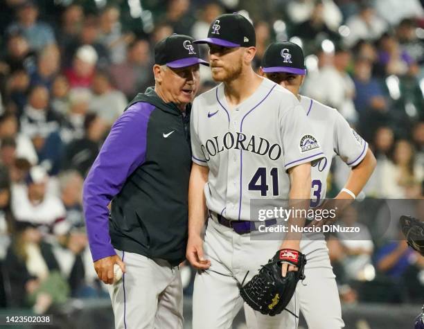 Manager Bud Black of the Colorado Rockies removes Chad Kuhl of the Colorado Rockies during the seventh inning of a game against the Chicago White Sox...