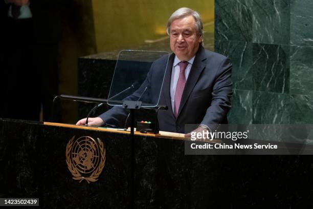 United Nations Secretary-General Antonio Guterres delivers a speech during the first plenary of the 77th session of United Nations General Assembly...