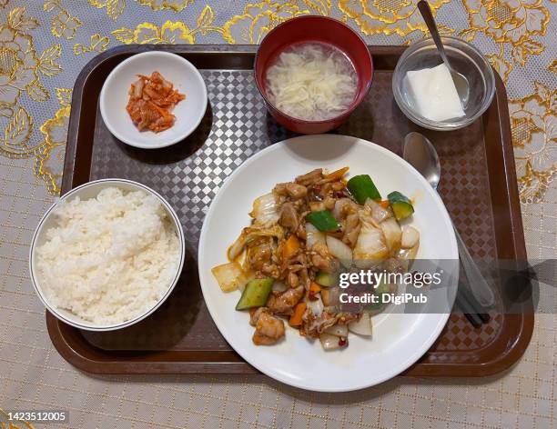 chūka cuisine teishoku chicken sautéed with vegetables - almond jelly stock pictures, royalty-free photos & images