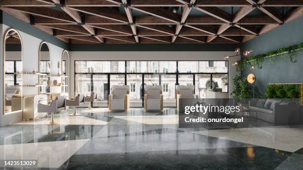 peluquería ecológica e interior de salón de belleza con sillas, espejos, sofá y plantas verdes - massage room fotografías e imágenes de stock