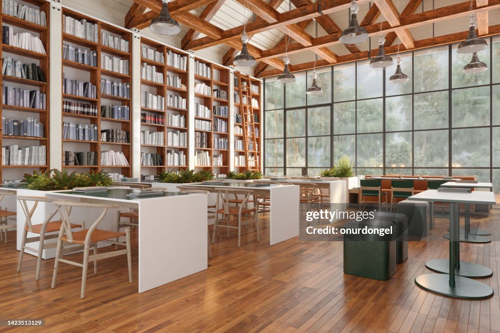Library Interior With Bookshelves, Tables And Chairs
