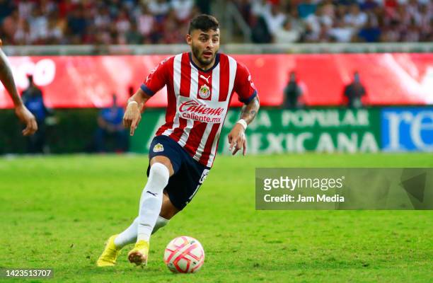 Alexis Vega of Chivas drives the ball during the 9th round match between Chivas and Tigres UANL as part of the Torneo Apertura 2022 Liga MX at Akron...