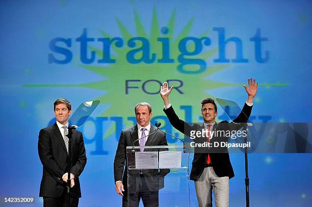 Actor Rory O'Malley and Gavin Creel on stage with Marriott's Randy Griffin PFLAG National's 2012 Straight For Equality Awards Gala at Marriott...