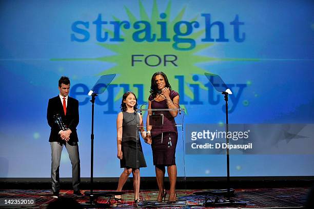 Actress Audra McDonald and daughter Zoe Madeline Donovan speak on stage during PFLAG National's 2012 Straight For Equality Awards Gala at Marriott...
