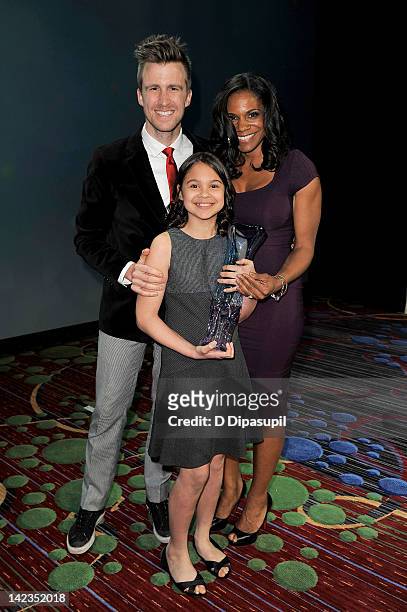 Gavin Creel poses with actress Audra McDonald and daughter Zoe Madeline Donovan at PFLAG National's 2012 Straight For Equality Awards Gala at...