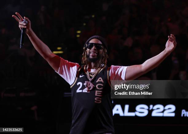 Rapper Lil Jon performs during halftime of Game Two of the 2022 WNBA Playoffs finals at Michelob ULTRA Arena between the Connecticut Sun and the Las...