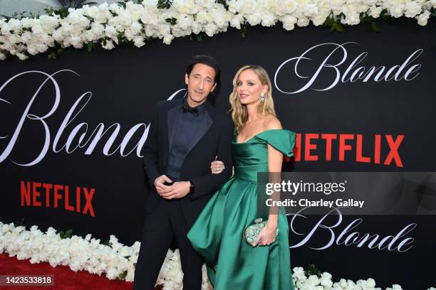 Adrien Brody and Georgina Chapman attend the Los Angeles Premiere Of Netflix's "Blonde" on September 13, 2022 in Hollywood, California.