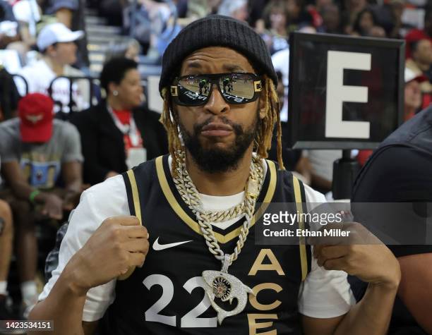 Rapper Lil Jon poses before the start of Game Two of the 2022 WNBA Playoffs finals at Michelob ULTRA Arena between the Connecticut Sun and the Las...