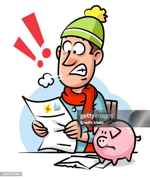 ilustraciones, imágenes clip art, dibujos animados e iconos de stock de hombre congelado con ropa de invierno leyendo la factura de energía - pobreza energetica