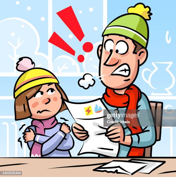 ilustraciones, imágenes clip art, dibujos animados e iconos de stock de padre congelado con daugther leyendo proyecto de ley de energía - pobreza energetica
