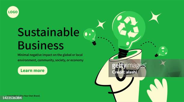 ilustraciones, imágenes clip art, dibujos animados e iconos de stock de en el concepto de negocios sostenibles y protección del medio ambiente, la idea de la bombilla con un símbolo de reciclaje que sale de la cabeza abierta de un empresario. - improvisar