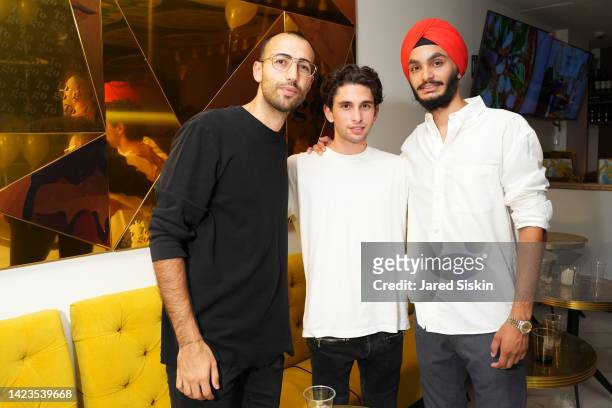 Carmine Panucci, Andrea Francolino and Nanek Singh attend the Grand Opening Of Serafina Express at Broad Street on September 13, 2022 in New York...
