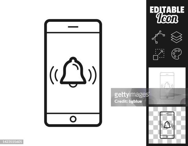 ilustraciones, imágenes clip art, dibujos animados e iconos de stock de smartphone con timbre - notificación. icono para el diseño. fácilmente editable - campana de mano