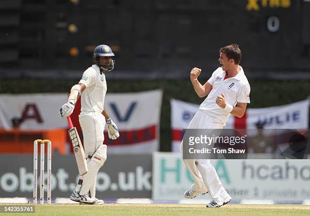 James Anderson of England celebrates taking the wicket of Lahiru Thirimanne of Sri Lanka during day1 of the second test match between Sri Lanka and...