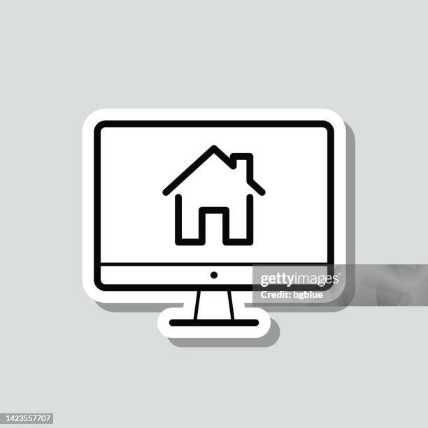 desktop computer with smart home. icon sticker on gray background - using desktop computer at home stock illustrations