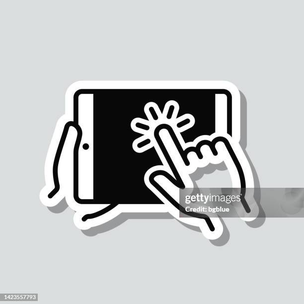 hand touch screen tablet pc. icon sticker on gray background - tapping tablet screen stock illustrations