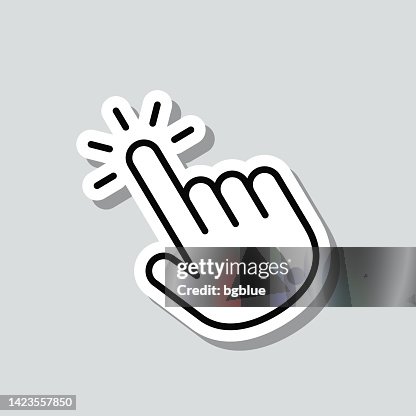 Click with hand cursor. Icon sticker on gray background Click with hand cursor. Icon sticker on gray background