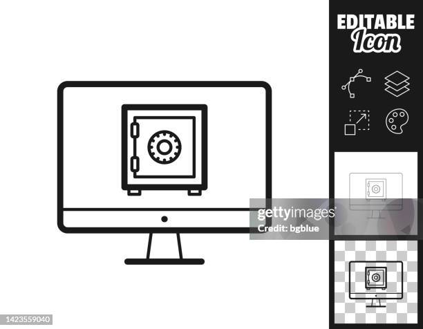 stockillustraties, clipart, cartoons en iconen met desktop computer with safe box. icon for design. easily editable - safety deposit box