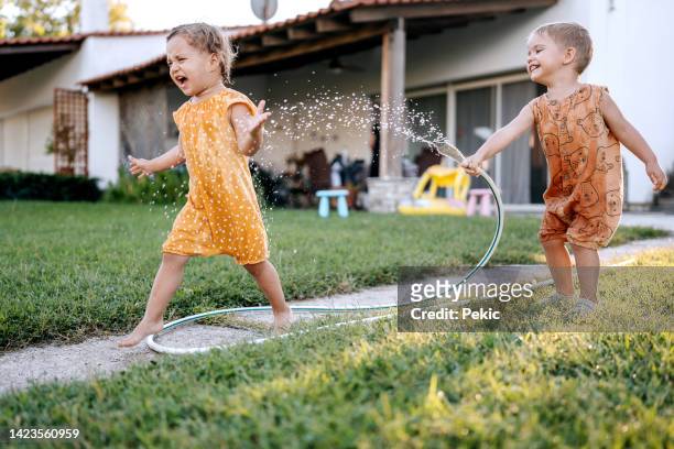 siblings playing with a hose in a backyard - crying sibling stock pictures, royalty-free photos & images