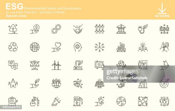 esg, umwelt, soziales und governance spezielle lineale symbole, bearbeitbarer strich, 64x64 pixel perfekt - chemical process icon stock-grafiken, -clipart, -cartoons und -symbole